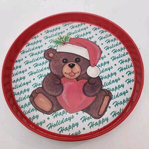 SNP Metal Tray 1989 Happy Holidays Teddy Bear Red White Green Holly Vintage